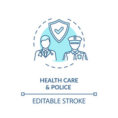 Healthcare and police turquoise concept icon. Public service. Law enforcement. People medical help and protection thin line illustration. Vector isolated outline RGB color drawing. Editable stroke