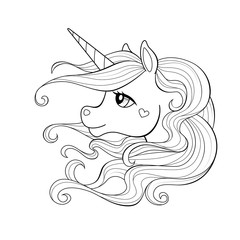 Cute cartoon unicorn head with long mane. Black and white vector  illustration for coloring book © alka5051