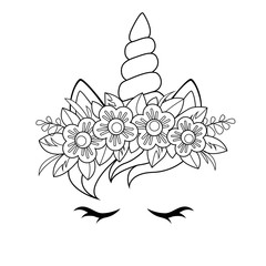 Cute unicorn face with flowers wreath. Black and white vector  illustration for coloring book © alka5051