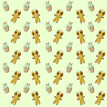 Ginger Bread And Cupcake Seamless Pattern Vector