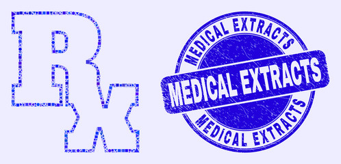Geometric Rx symbol mosaic icon and Medical Extracts watermark. Blue vector round scratched watermark with Medical Extracts phrase. Abstract mosaic of Rx symbol composed of round, triangles,
