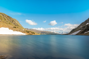 Beautiful Querol Lake in the mountain refuge in the Incles Valley, Canillo, Andorra