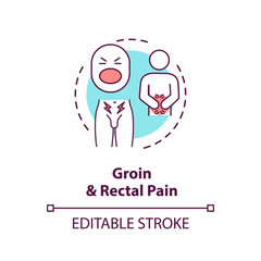 Groin and rectal pain concept icon. Common prostatitis symptoms, mens healthcare problems idea thin line illustration. Male diseases signs. Vector isolated outline RGB color drawing. Editable stroke
