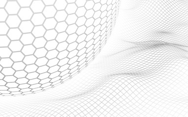 Abstract landscape on a white background with white honeycomb sphere. Cyberspace grid. hi tech network. 3d illustration