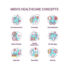 Mens healthcare concept icons set. Common diseases and health risks for men idea thin line RGB color illustrations. Male diagnoses, medical problems. Vector isolated outline drawings. Editable stroke
