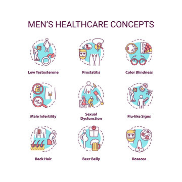 Mens healthcare concept icons set. Common diseases and health risks for men idea thin line RGB color illustrations. Male diagnoses, medical problems. Vector isolated outline drawings. Editable stroke