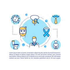 Prostate cancer concept icon with text. Mens healthcare danger PPT page vector template. Male oncological disease treatment brochure, magazine, booklet design element with linear illustrations