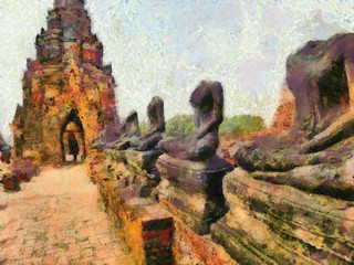 The Archaeological site in Ayutthaya Thailand world heritage Illustrations creates an impressionist style of painting.