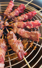  Arrosticini skewers on a grill close up