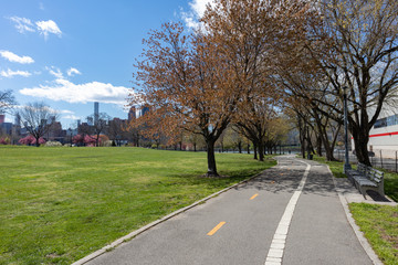 Fototapeta na wymiar Empty Trail and Green Grass during Spring at Rainey Park in Astoria Queens New York
