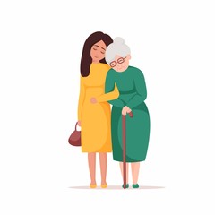 Young woman walks with elderly lady. Granddaughter and grandma walking together. Girl taking care of elderly grandmother. Female isolated cartoon characters. Vector illustration for website, flyer