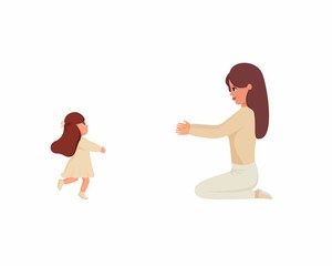 Little girl running to woman.Mom and daughter spending time together. Child and female isolated cartoon characters. Vector illustration