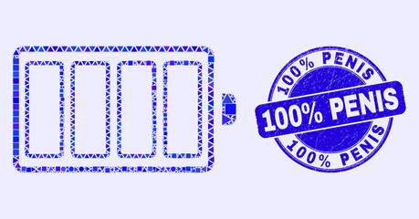 Geometric electric battery mosaic pictogram and 100% Penis stamp. Blue vector round grunge seal stamp with 100% Penis text. Abstract mosaic of electric battery designed of round, triangles,