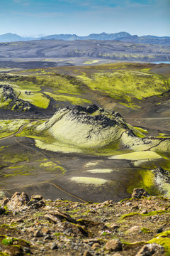 Laki Crater Iceland. Volcanic crater covered wit green moos. Volcanic Landscape. Volcano fissure eruption. Iceland landscape. Icelandic high land. Volcanic fissure with a green moss and lava field