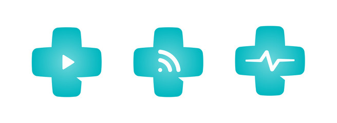 Obraz premium Medical cross logo set. Telemedicine icon collection. Modern online healthcare system emblem. Distance doctor consultation symbol. Web clinic application sign.