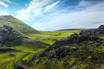 Laki Crater Iceland. Volcanic crater covered wit green moos. Volcanic Landscape. Volcano fissure eruption. Iceland landscape. Icelandic high land. Volcanic fissure with a green moss and lava field