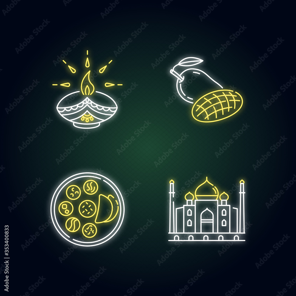 Sticker Indian culture neon light icons set. Traditional diya. Diwali festival. Mango fruit. Thali dish. Chapati bread. Taj Mahal. Signs with outer glowing effect. Vector isolated RGB color illustrations