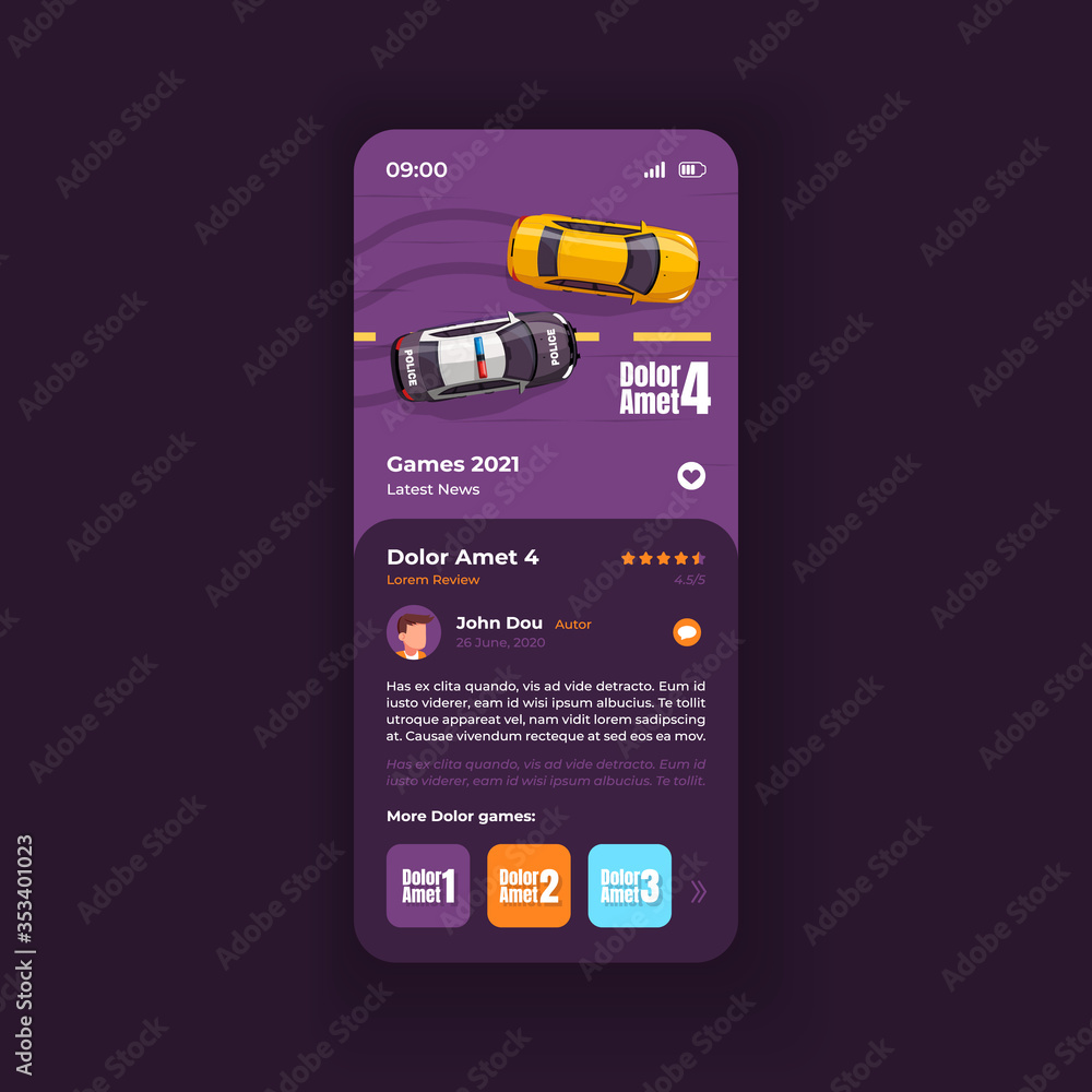 Poster car game review smartphone interface vector template. racing videogame mobile app page dark design l