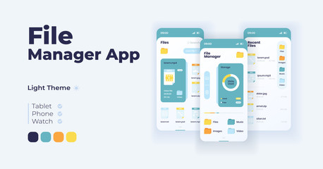 File management system cartoon smartphone interface vector templates set. Mobile app screen page day mode design. Memory summary, folder browser UI for application. Phone display with flat characters