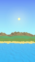 Sun Sea Beach. Noon. Ocean shore line with waves on a beach. Island beach paradise with waves. Vacation, summer, relaxation. Seascape, seashore. Minimalist landscape, primitivism. 3D illustration