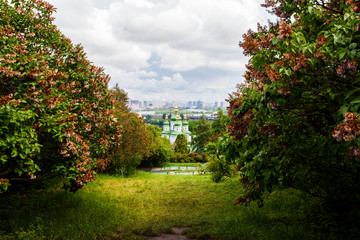 Cityscape of Kyiv with lilac blossom in spring.