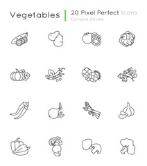 Vegetable pixel perfect linear icons set. Tomato for ketchup. Potato and lettuce. Raw root, ripe bulb. Customizable thin line contour symbols. Isolated vector outline illustrations. Editable stroke