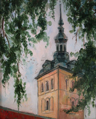 Niguliste church in summer, Tallinn architecture, oil painting