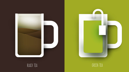 Cup of green and black tea. Abstract art composition in modern geometric papercut style. Minialistic concept design template for branding. Vector flat illustration.