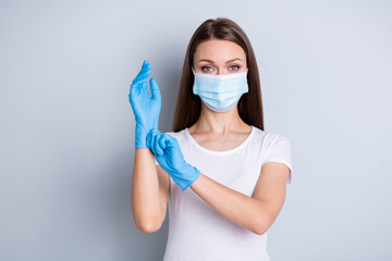 Portrait closeup photo of citizen lady keep social distance crowd people contact hospital...
