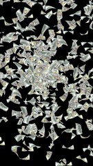 Flying dollars banknotes isolated on dark background. Money is flying in the air. 100 US banknotes new sample. 3D illustration