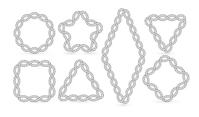 Rope photo frames icons set. Nautical decorative elements collection. Retro sailor knots. Vintage seaman equipment vector illustration. Isolated geometrical shapes contour. Marine, maritime signs.