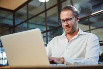 Photo of handsome smiling man working with laptop while sitting