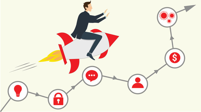 A businessman on rocket showing journey of a startup business