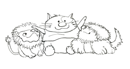 Lion, Cat and Dog. Three friends are sitting together.
Toys drawn by ink.Illustration for the design of the site, blog, printed products.
