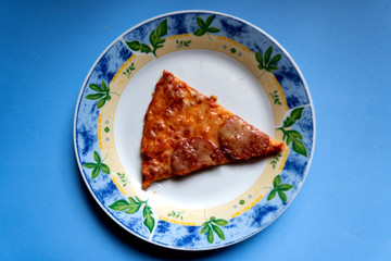 A slice of pizza on a pate with a blue background