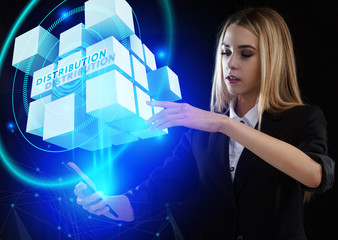 Business, Technology, Internet and network concept. Young businessman working on a virtual screen of the future and sees the inscription: Distribution