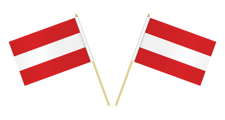 Two small Austrian flags isolated on white background, vector illustration. Flag of Austria on pole
