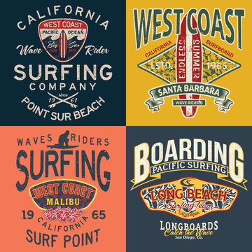 West coast California surfing company vintage vector print collection for boy or man t shirt