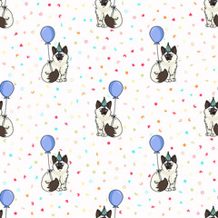 Cute cartoon Ragdoll kitten with party hat seamless vector pattern. Pedigree kitty breed domestic cat background. Cat lover celebration all over print. Feline EPS 10.