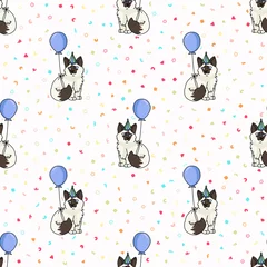 Papier peint Animaux avec ballon Chaton Ragdoll dessin animé mignon avec motif vectorielle continue de chapeau de fête. Fond de chat domestique de race minou pedigree. Célébration des amoureux des chats sur tout l& 39 imprimé. EPS félin 10.
