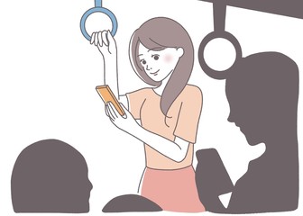 通勤電車　隙間時間　空いてる　スマホ　スマートフォン　女性　イラスト
