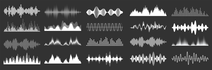Sound waves collection. Analog and digital audio signal. Music equalizer. Interference voice recording. High frequency radio wave. Vector illustration.