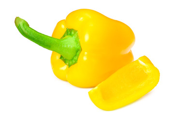 yellow sweet bell peppers with slices isolated on white background