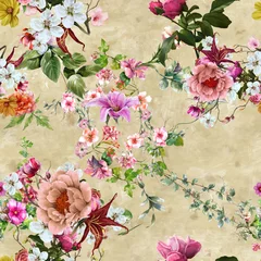 Gordijnen Waterverf het schilderen van blad en bloemen, naadloze patroonachtergrond © photoiget