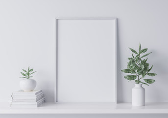 White mock up frame in modern interior, close up for white pots on shelf, minimal design