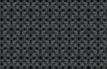 White complex outline of interconnecting circles and diagonal squares makes an intricate repeating pattern on a black background, vector illustration geometric design