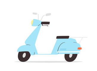 Vintage trendy blue scooter. Old style retro motorbike, city motorcycle, trendy electric bike, delivery moped. Personal transport vehicle. Vector illustration isolated on white background