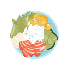 Healthy food. A healthy and satisfying poke bowl lunch made from rice, salmon, avocado, cherry, lettuce and cream cheese. Pleasant vector flat illustration of poke bowl in cartoon style.