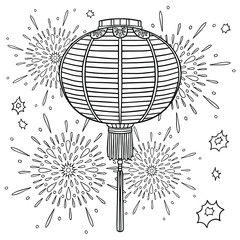 Chinese lantern. Chinese New Year. Black and white vector illustration for coloring book pages, print, cards, stickers, posters.