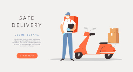 Safe Delivery Concept. Courier with scooter in medical mask and gloves, delivers the package, parcel or food during quarantine. Contact free 24/7 delivery service during  Coronavirus. Banner design